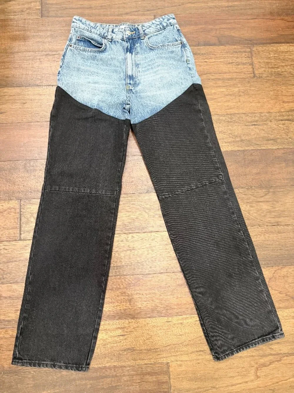 PIRAL Colorblock Straight Leg Jeans High Rise Two Tone Black Blue Women’s M